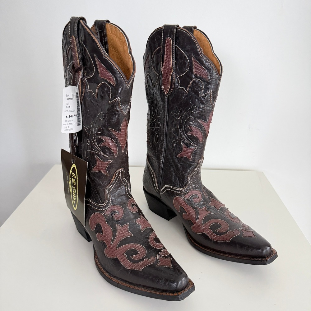 JB Dillon Cowboy Boots Womens 8.5 B Brown Goat Leather Western Inlay Snip toe